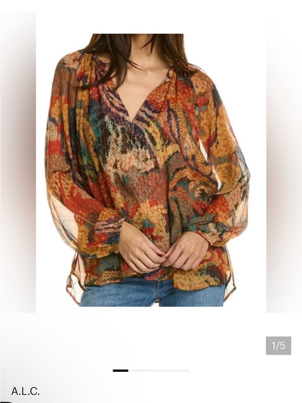 A.L.C. Sheer Multicolor Paisley V-Neck Blouse